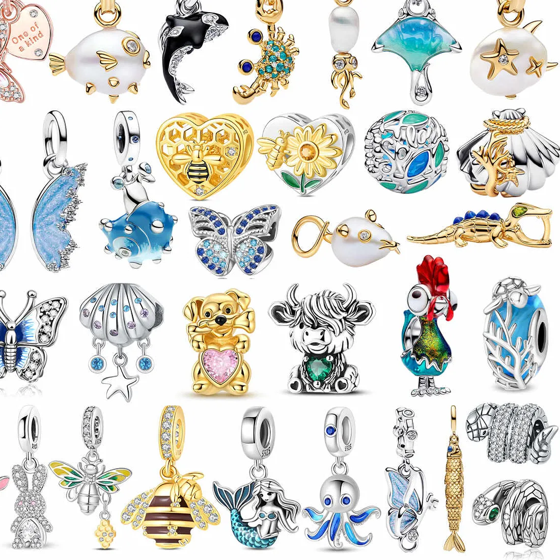 Authentic Original 925 Sterling Silver Charms Animal Fish Snake Butterfly Snail Bird Dog Beads Bracelets Necklaces Womens DIY Jewelry