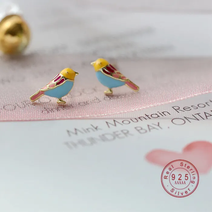 Authentic Cute Drop Glaze Colorful Bird Stud Earrings Women 925 Sterling Silver Plating 18K Gold Quality Korean Jewelry