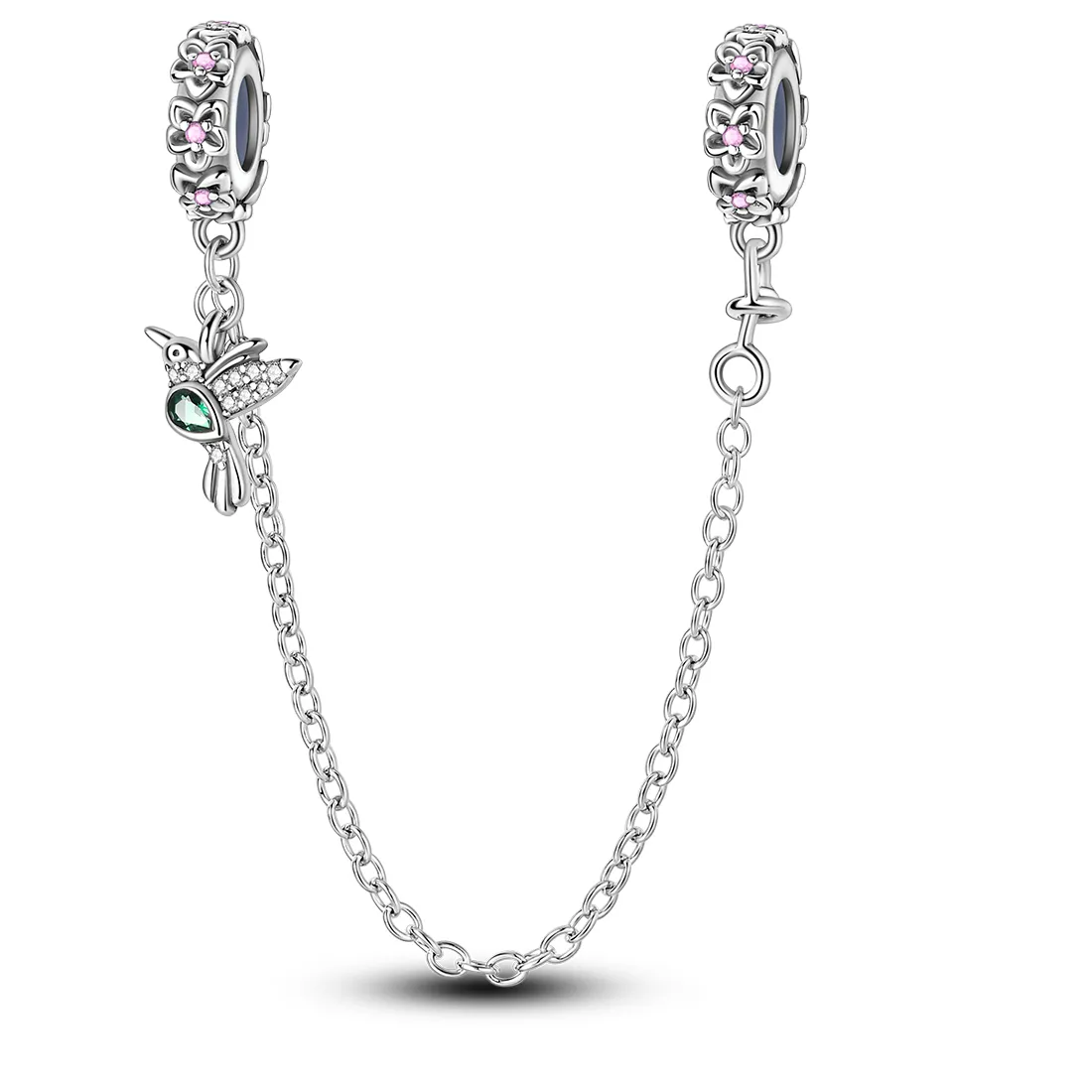 Authentic 925 Sterling Silver Hummingbird Flower Safety Chain Charm Pink CZ Stopper Fit Bracelets Nature Bird Women DIY Jewelry
