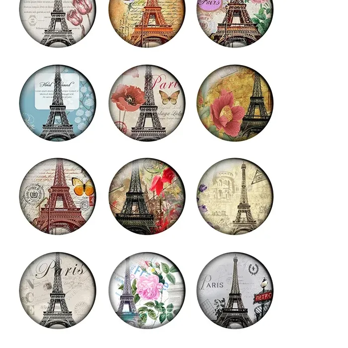 Authentic 12pcs 24different Style Round French Paris Eiffel Tower Bird Flower Pattern Glass Cabochon Gems for DIY Jewelry Finding T079