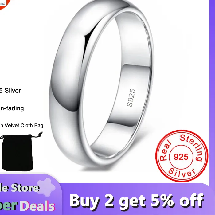 Authentic Non-fading Certified 925 Silver Ring Simple 4mm Smooth Wedding Band Rings for Women Men Fashion Jewelry , Comfortable to wear