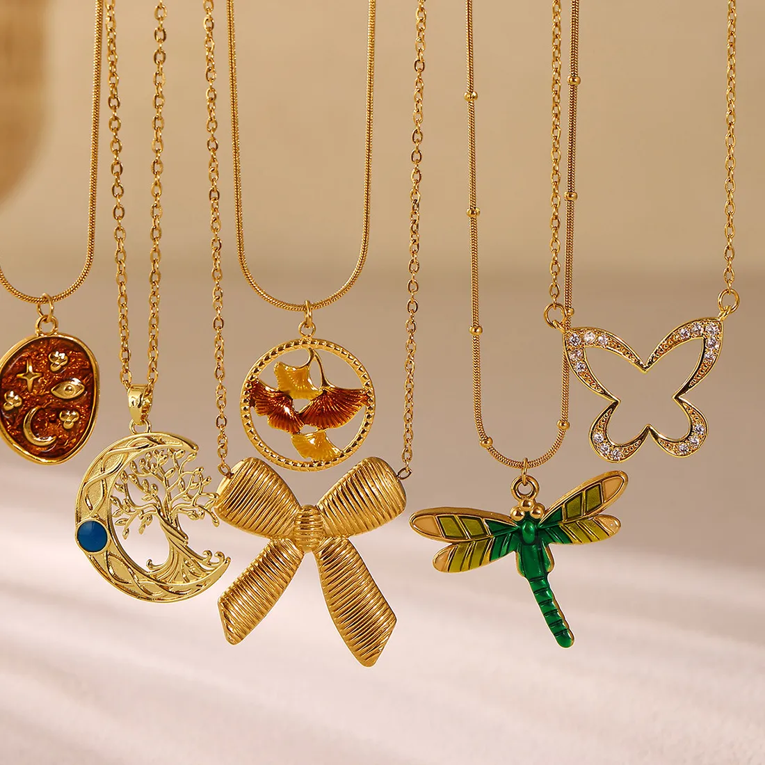 Authentic Coranda Women's Necklace 18K Gold Plated with Colorful Bow Design And Dragonfly Collarbone Chain Jewelry