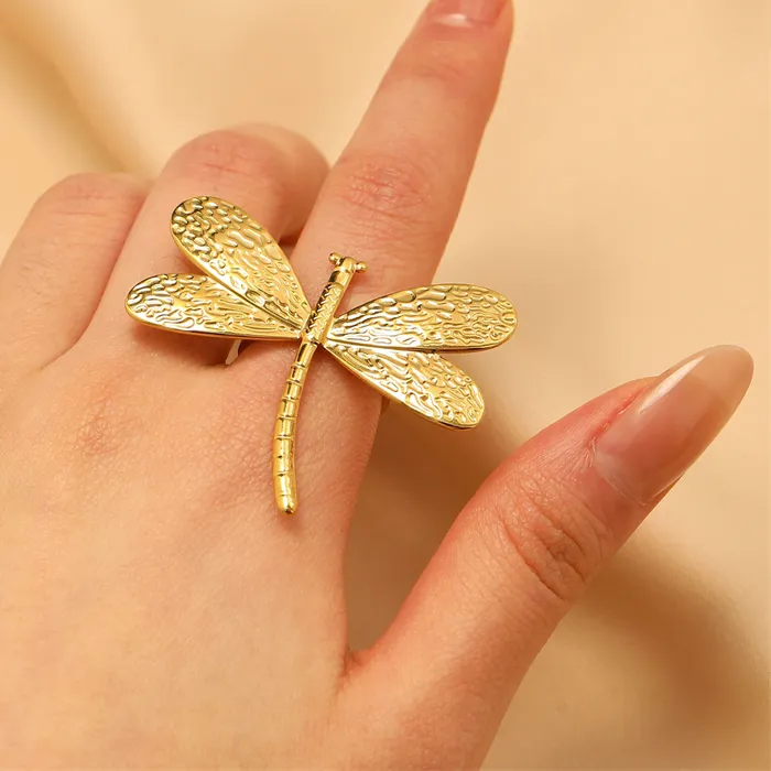 Authentic EILIECK 316L Design Dragonfly Ring Jewelry Women 18 K Plated Metal Texture Gold Color Ring Accessories