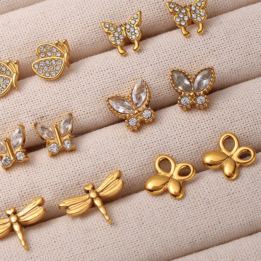 Authentic Dragonflies and Butterflies Titanium Stud Earrings with Zircon 18K Gold Plated Waterproof Non Allergy Jewelry for Women
