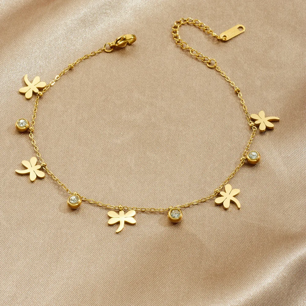 Authentic LAMENGLY 316L Exquisite 18k Gold Plated Dragonfly Zircon Inlay Beads Charm Bracelet Women Fun Trend Hand Chain