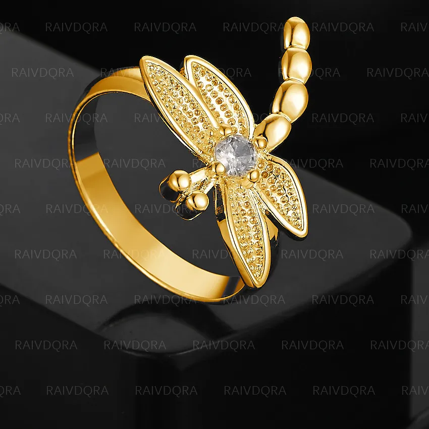 Authentic 18K Gold Plated Zircon Dragonfly Ring For Women Jewelry Charm Grace Noble Wedding Accessories