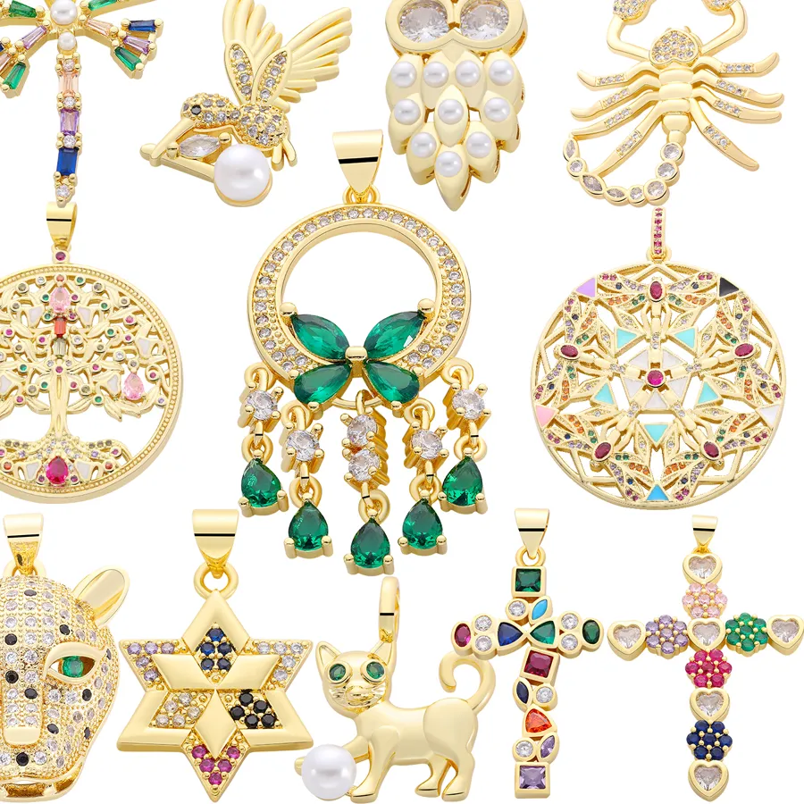 Authentic Juya Handicraft 18K Real Gold Plated Dragonfly Birds Leopard Cat Owl Tree Dreamcatcher Christian Cross Star Charms Supplies