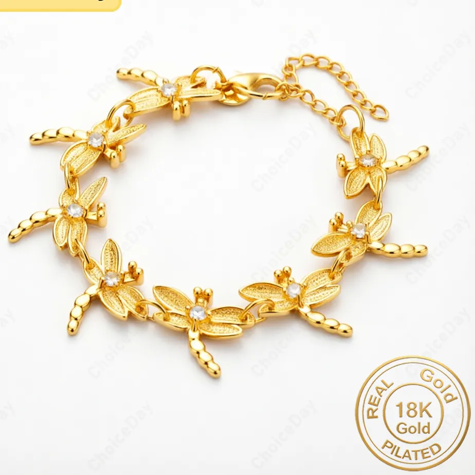 Authentic 18K Gold Plated Exquisite Dragonfly Zirconia Bracelet for Women - Fashionable, Wedding Party Jewelry Accessories
