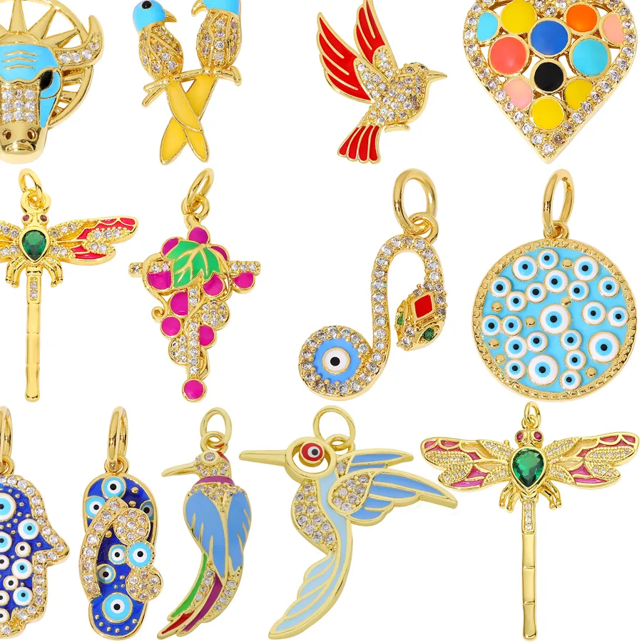 Authentic Juya 18K Gold Plated Needlework Handicraft Jewelry Accessories Enamel Grape Bull Birds Snake Greek Evil Eye Dragonfly Charms