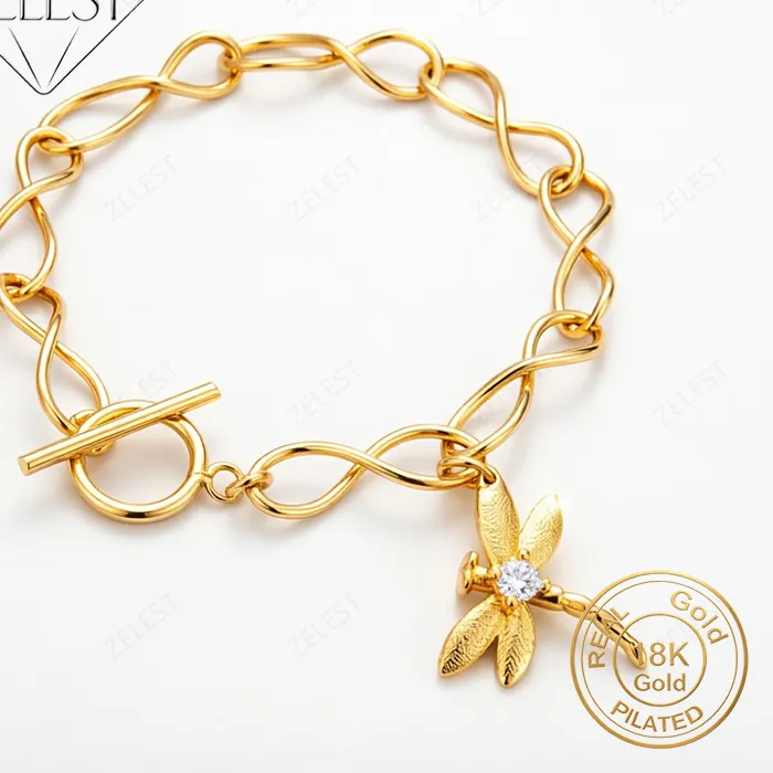 Authentic 925 Sterling Silver 18K Gold Plated 8 Inch Exquisite Dragonfly Zircon Bracelet Women's Party Wedding Jewelry