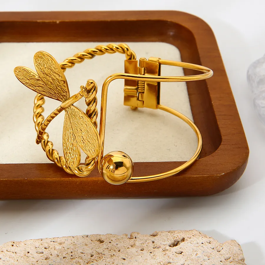 Authentic Celestial Dragonfly Gold‑Plated Wide Bracelet – Whispering Wings of Transformation