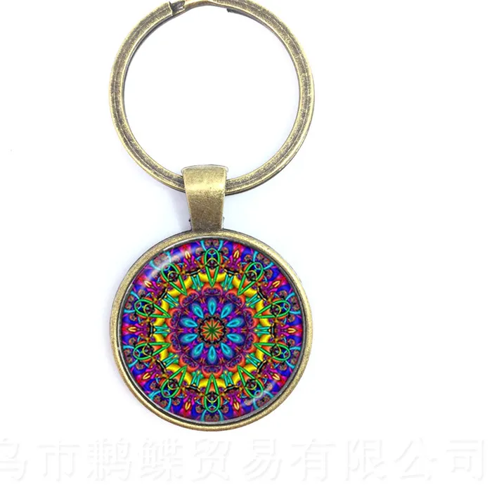Authentic OM/AUM Key Chain Handmade Blue Mandala Datura Flower Symbol Art Jewelry Glass Photo Keyring Endless Love And Vengeance