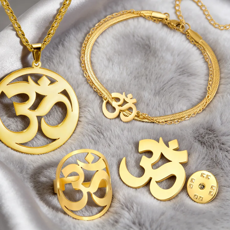 Authentic Dawapara Aum Om Ohm Sanskrit Symbols Necklace Bracelet Set Hindu Healing Pendants Stee Spiritual Jewelry Set