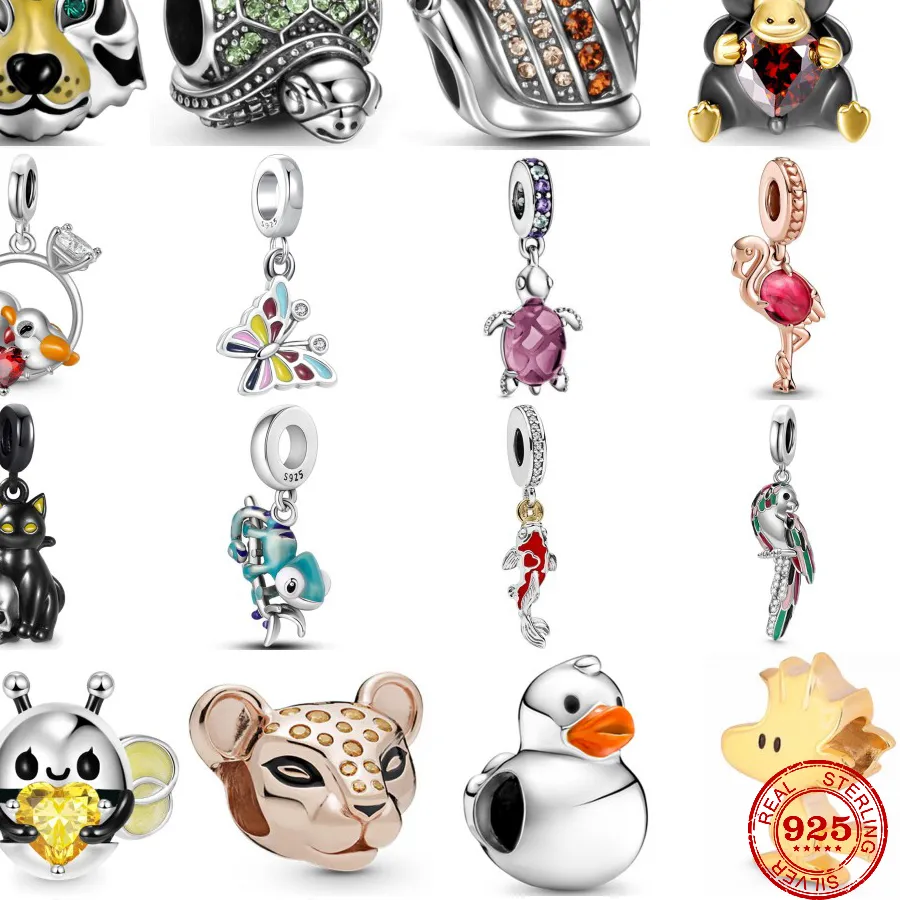 Authentic 2024 925 Sterling Silver Chameleon Turtle Tiger Duck Magpie Charms Beads Fit Original Pendant Bracelet DIY Jewelry