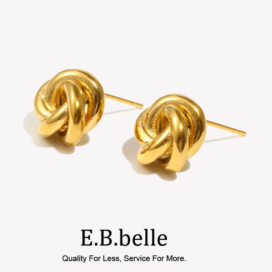 Authentic E.B.belle Minimalist Style Knitting Wool Ball Stud Earring Line Ball Shape Stainless Steel Jewelry