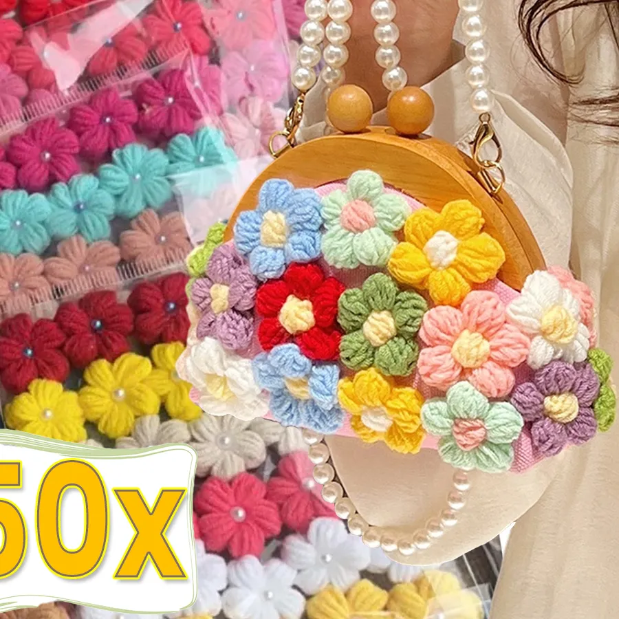 Authentic 5/50pcs Handmade Knitted Wool Flower DIY Accessories Girls Cute Puff Color Flower Bag Clothes Hairpin Jewelry Decor Craft