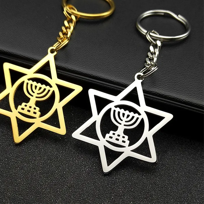 Authentic Jewish Hebrew Hanukkah Menorah Key Chain for Women Men Stainless Steel Gold Color Judaica Hexagram Keyring Jewelry K1027
