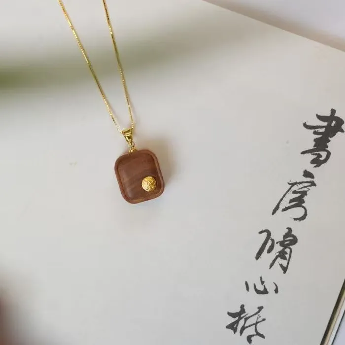 Authentic Old Mountain Sandalwood Inlaid Zakiram Square Sugar Peace Brand Pendant Chinese Style Retro Minimalist Jewelry Necklace