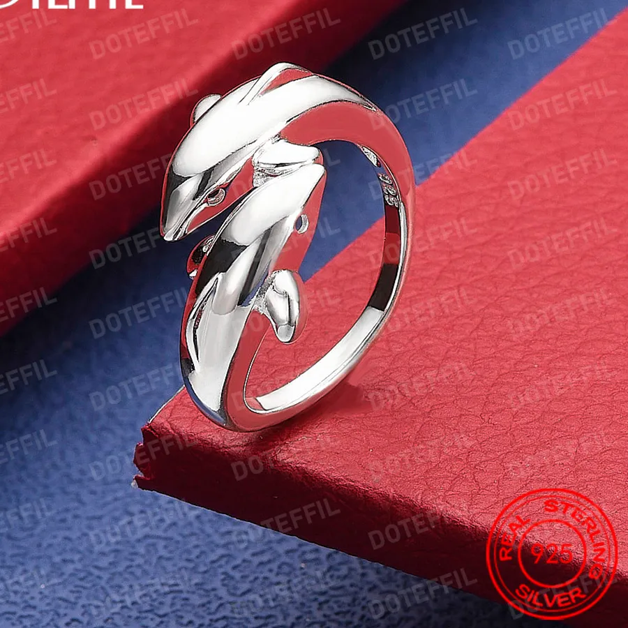 Authentic 925 Sterling Silver Double Dolphin Charm Woman Ring High Quality Brand Jewelry