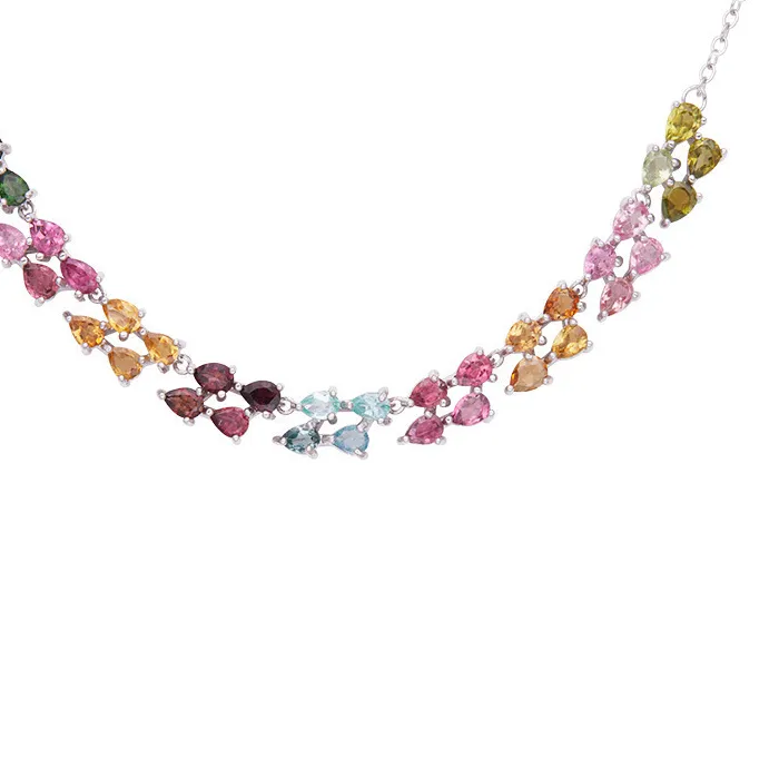 Authentic 925 Sterling Silver Colored Tourmaline Stone Two Row Curve Bar Charm Necklace Women Dainty Shiny Chokers Necklaces