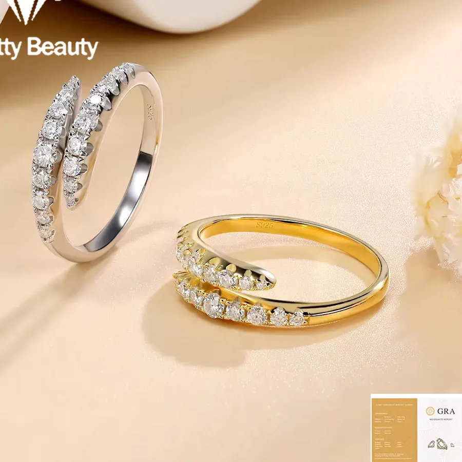 Authentic Pretty Beauty Moissanite Double Row Spiral Band Wedding Ring for Women 925 Sterling Silver Hypoallergenic Jewelry Birthday