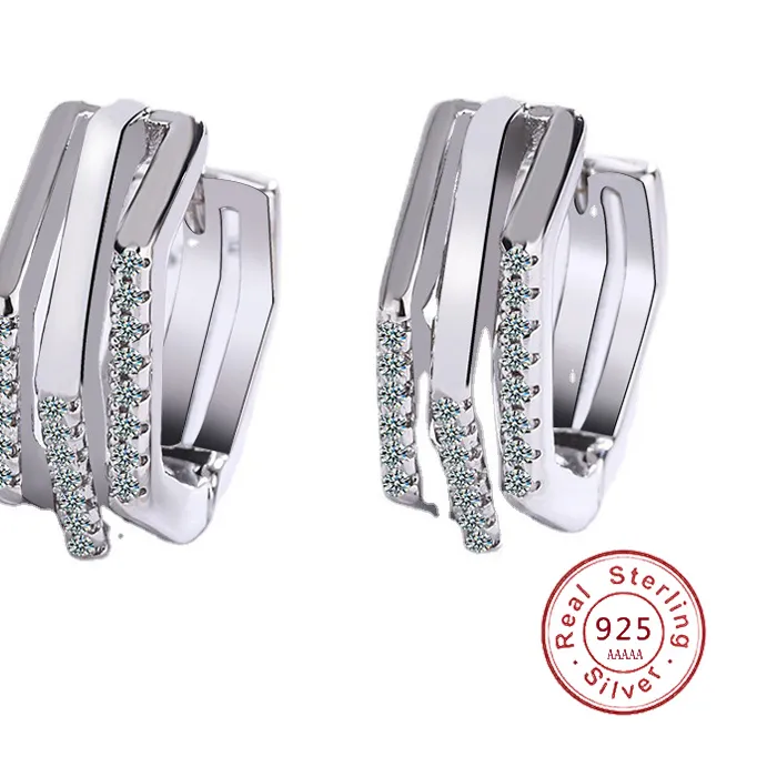 Authentic Fashion 3 Lay Sterling Silver Women Stud Earrings Luxury 3 Row Rhinestone 925  Silver Jewelry for Women Girl Gift Wholesale