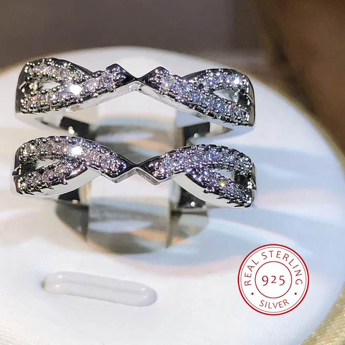 Authentic 925 Silver Exquisite Geometric Zircon Double Row Ring Women's Jewelry New Interwoven Winding Ring Party Birthday Gift