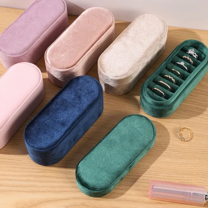 Authentic Elegant Velvety Rings Jewelry Box With 7 Row Oval Slots For Rings Earrings And Small Accessories Storage Box