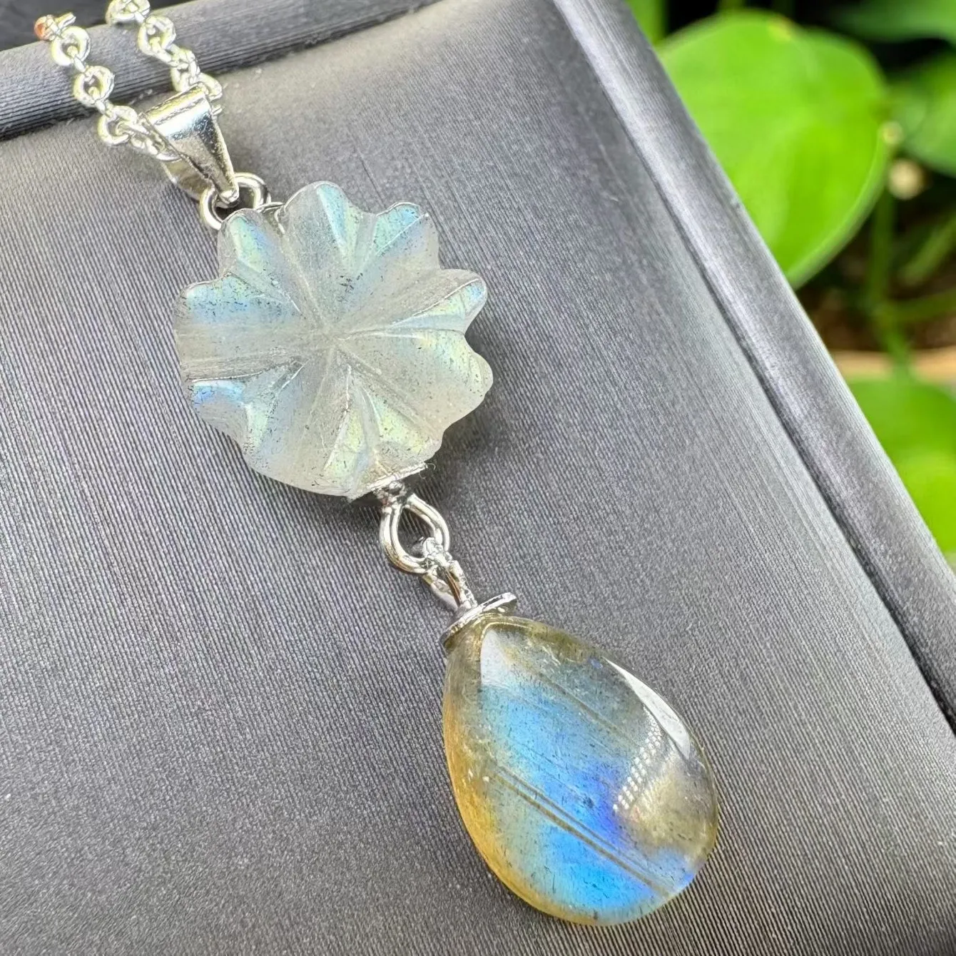 Authentic 1 Pc Fengbaowu Natural Labradorite Pendant 33MM Length 925 Sterling Silver Jewelry For Women Men