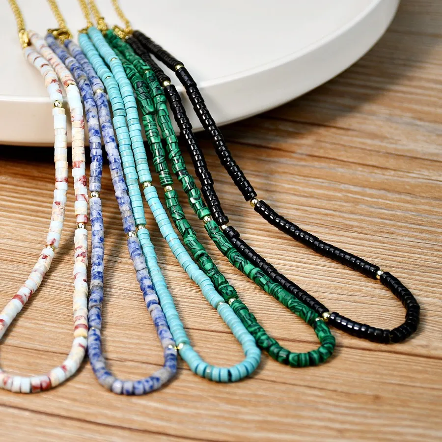 Authentic Yumfeel Natural Stone Necklace 316L W/Black Agate Malachite Amazonite Beaded Chokers Women Jewelry