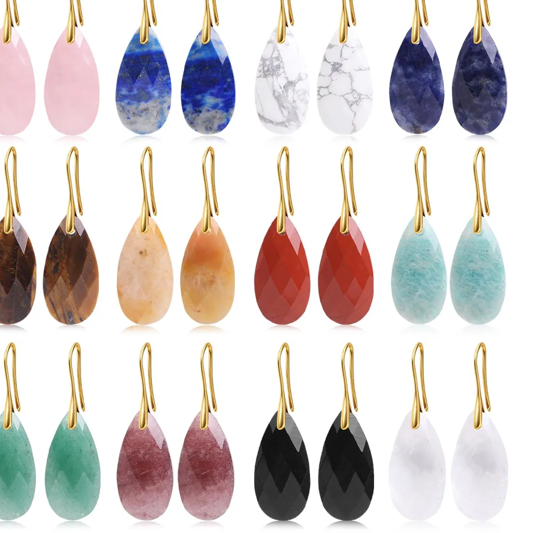 Authentic Natural Stone Faceted Teardrop Earring Rose Quartz Amazonite Bohemian Style Earrings Exquisite Birthday Jewelry