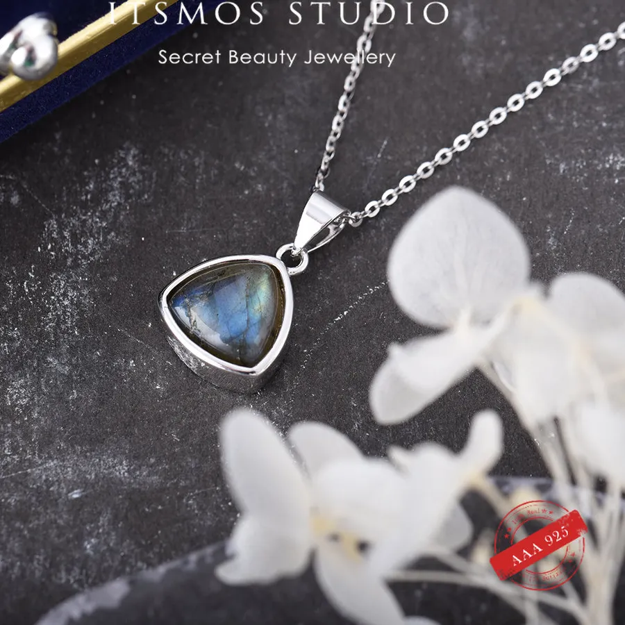 Authentic ITSMOS Natural Labradorite Aquamarine Pendant Necklace Triangle Blue light Stone necklace Simple Elegant Jewelry for Women