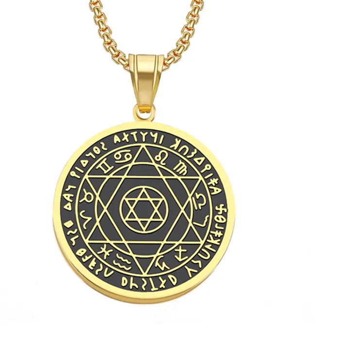Authentic Punk Constellation Star of David Pendant Gold Color Stainless Steel Round Necklace For Men Women Zodiac Signs Jewelry Gifts