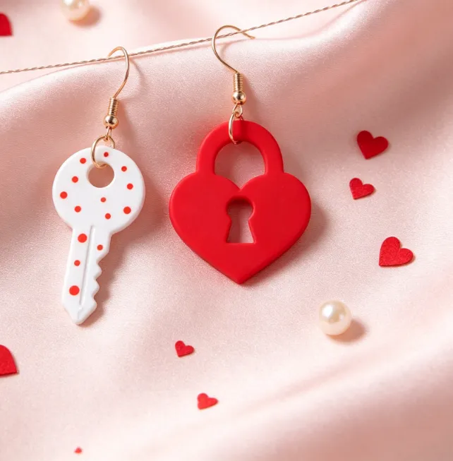 Authentic The Key of Hearts: Asymmetric Lock and Polka Dot Key Talismanic Earrings