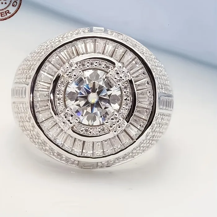 Authentic Luxury Men's Solid 925 Sterling Silver Circular Baguette Solitaire Ring Icy Large Pinky Rings Hip Hop Jewelry For Husban