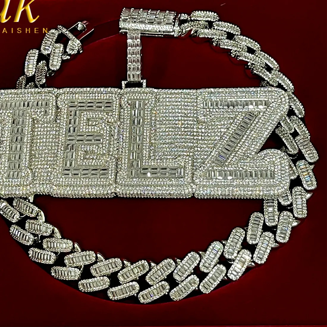 Authentic Aokaishen Custom Big Baguette Zircon Letter Name Pendant Men Necklace Chain Customized Heavy Hip Hop Rock Rapper Jewelry
