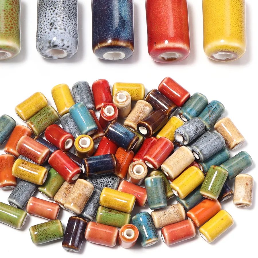 Authentic 10Pcs Colored Floral Glaze Ceramic Beads Cylinder Tube Shape Loose Spacer Porcelain Bead For DIY Craft Bracelet Necklace Jewelry