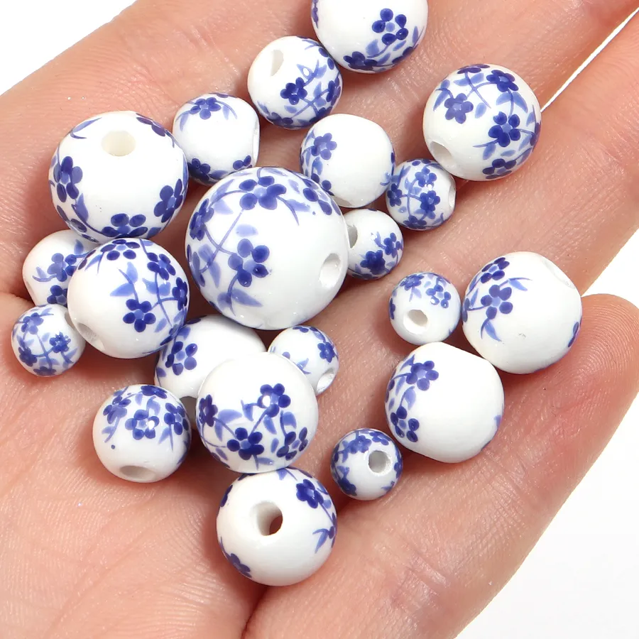 Authentic 10-30pcs 6/8/10/12/14mm Jingdezhen Blue Floral Ceramic Beads Round Loose Spacer Beads For Jewelry Making DIY Necklace Bracelet