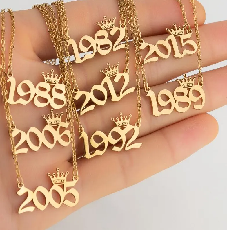 Authentic Stainless Steel Year Number Necklaces for Women Unique Date Birthday Tiaras Crown Year 1984 1999 1996 1997 2002 Choker Gift Girl