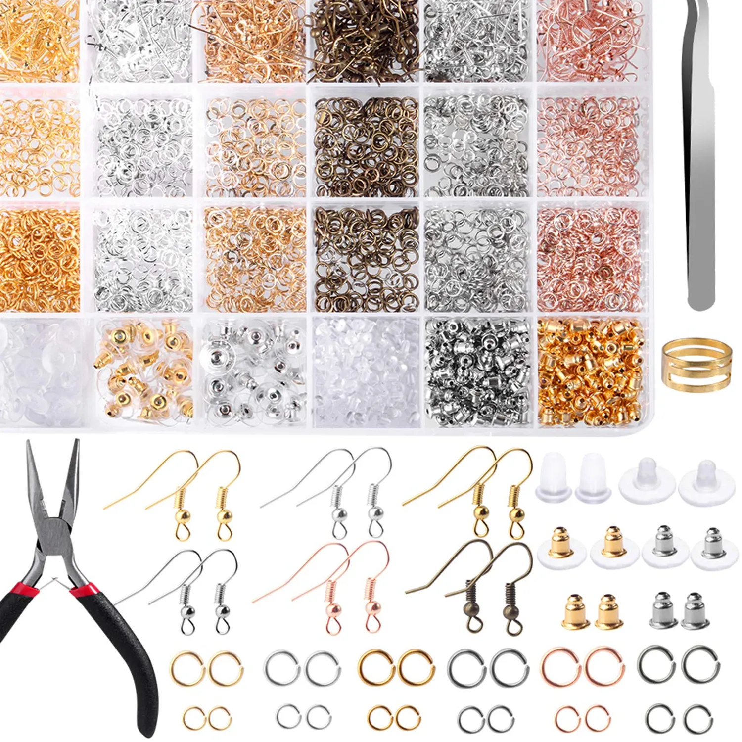 Authentic 2500-Pcs Earring Making Kit with Hooks, Backs, Pliers, Tweezers & More for DIY Jewelry Repair & Gemstone Beads