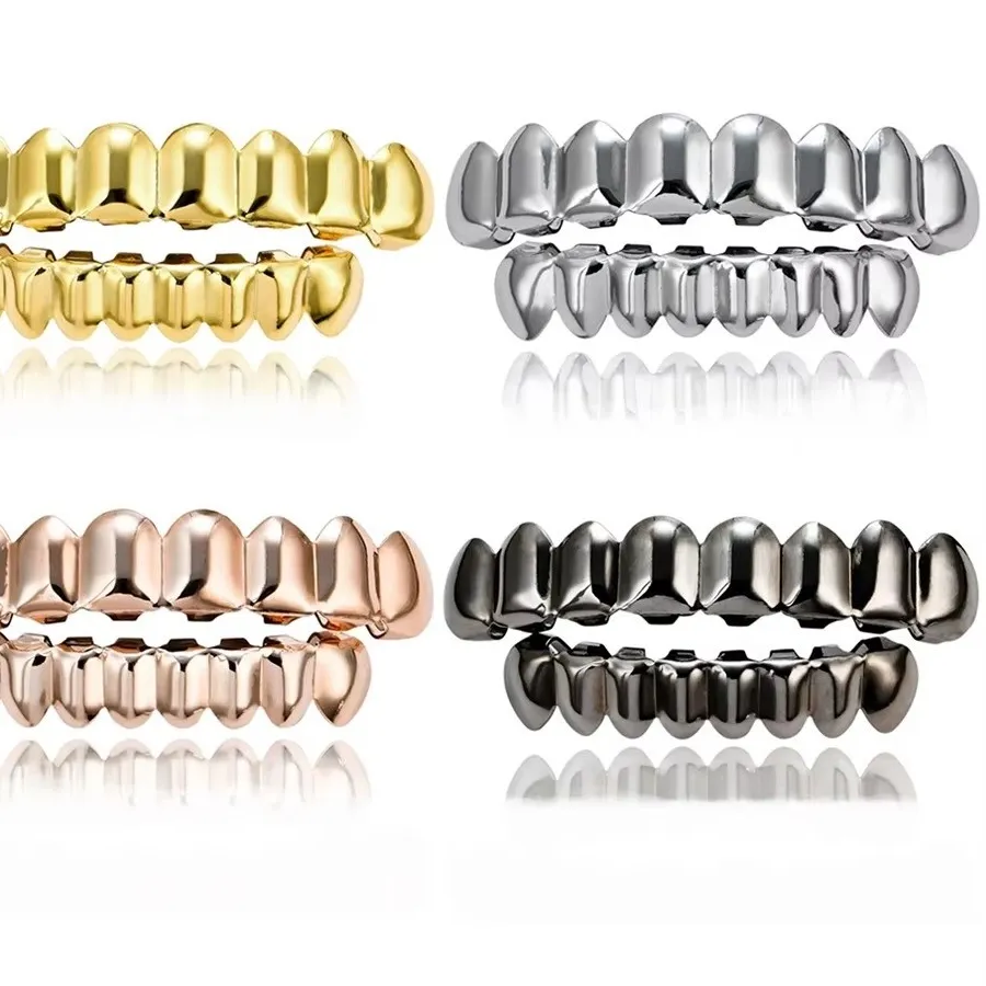 Authentic Glossy Finish Teeth Grillz Top Bottom Set Eco-friendly Anti Slip Teeth Grillz Caps Shiny Silver Teeth Jewelry Party