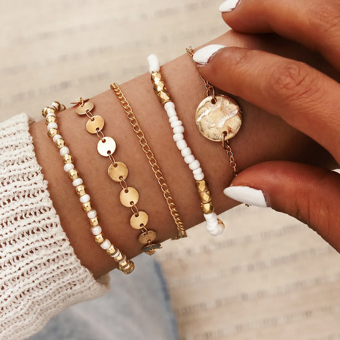 Authentic Bohemian Handmade Rice Beads Bracelet Set For Women Sequins White Bead Chain Bangle Female Boho Jewelry Gift