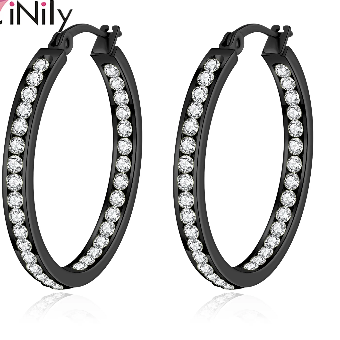 Authentic CiNily Black Circle Hoop Earrings for Women Huggie Hoops Earring CZ Zircon Jewelry Statement Ear Ring