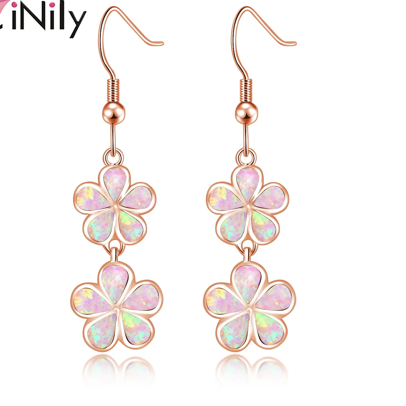 Authentic CiNily Pink Fire Opal Drop Dangle Earrings Rose Gold Plated Flower Long Earring Flora Bohemia BOHO Jewelry for Women