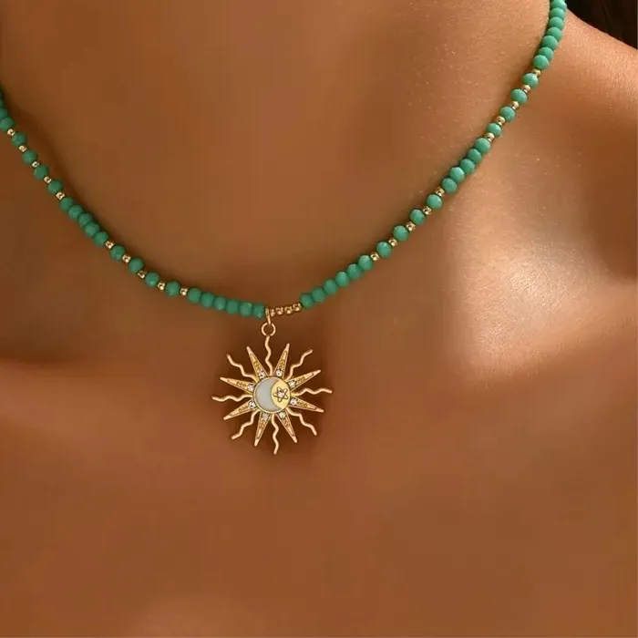 Authentic Radiant Solar Amulet with Turquoise and Golden-Toned Pendant