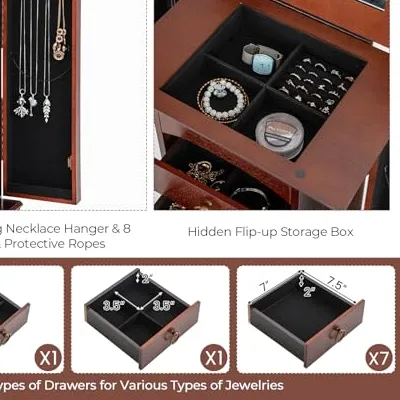 Authentic Wooden Standing Jewelry Organizer With Flip-Up Mirror, 9 Drawers, 8 Necklace Hooks, And Hidden Compartment Storage