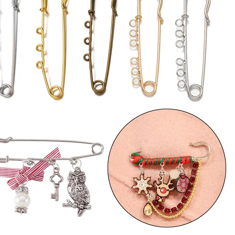 Authentic 10pcs Safety Pin Brooch Blank Base 50/61/65/70cm Pins 3/6 Holes Rings for DIY Pendant Charms Jewelry Making Supplies Accessories
