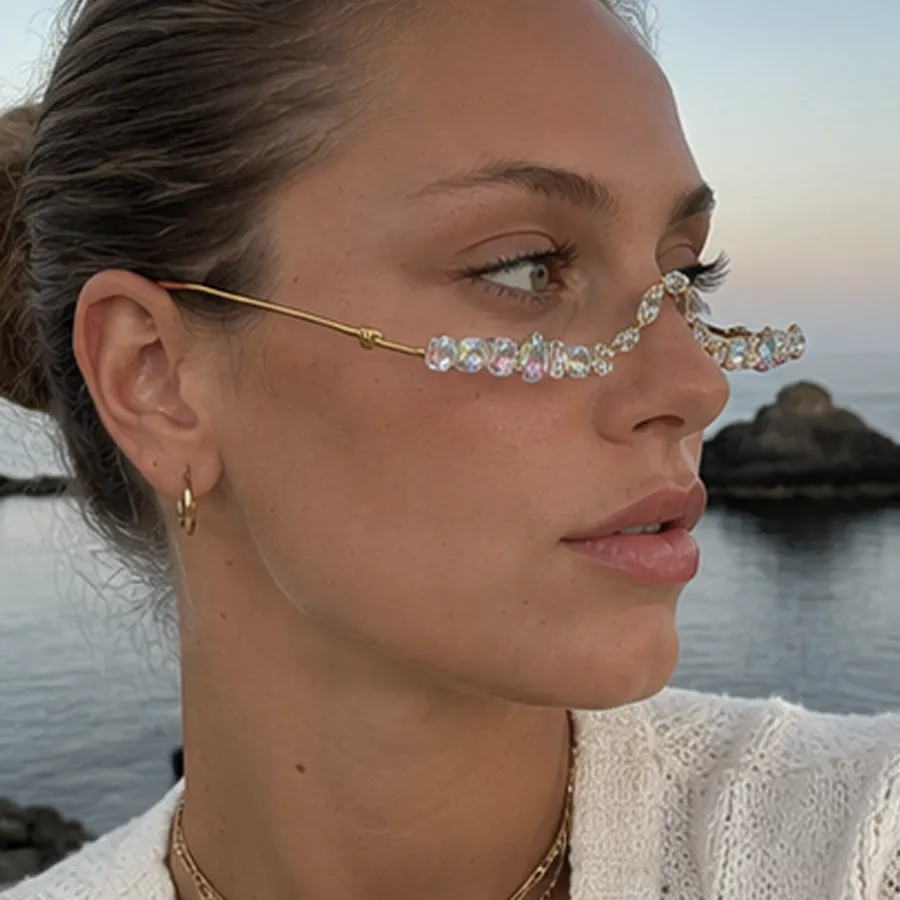 Authentic Rhinestone Eyeglass Frame Crystal Lensless Wave Bridge Statement Eyewear Face Jewelry Festival Rave Costume