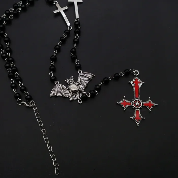 Authentic Red Cross Vampire Ankh Rosary Occult Goth Ankh Beads Bat Gothic Vampire Vampiric Beaded Egyptian Tradgoth Jewelry Handmade