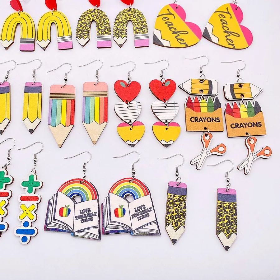 Authentic Leopard Pencil Wood Earrings Back To School Ruler Love Heart Wooden  Student Earrings Jewelry Teachers Day Gifts Wholesale